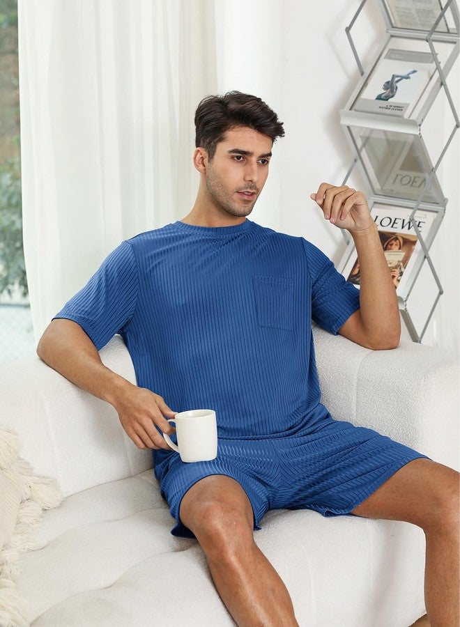 EISHOPEER Mens Pajama Set Kint Ribbed Sleepwear Nightwear Soft Short Sleeve Crew-Neck Pjs Sleep Set With Pockets Peacock BlueLarge - Image 5